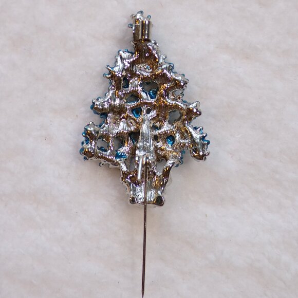 Blue Rhinestone Holiday Tree Pin Brooch - Picture 8 of 8